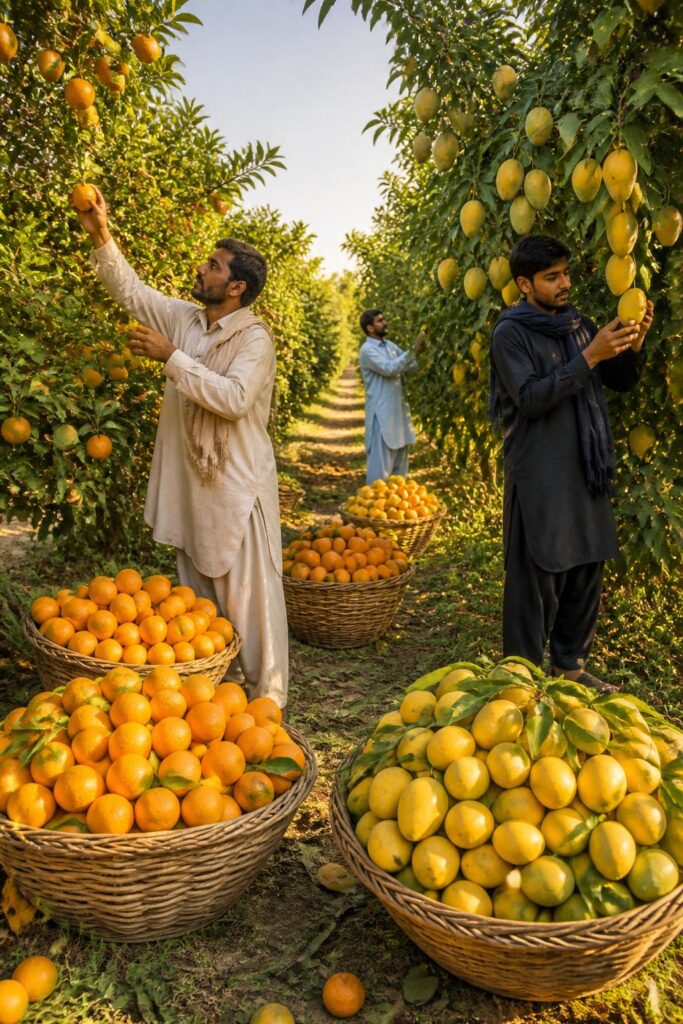Pakistani farmers harvesting fresh kinnow and mangoes in lush orchards for fruit export supply chain