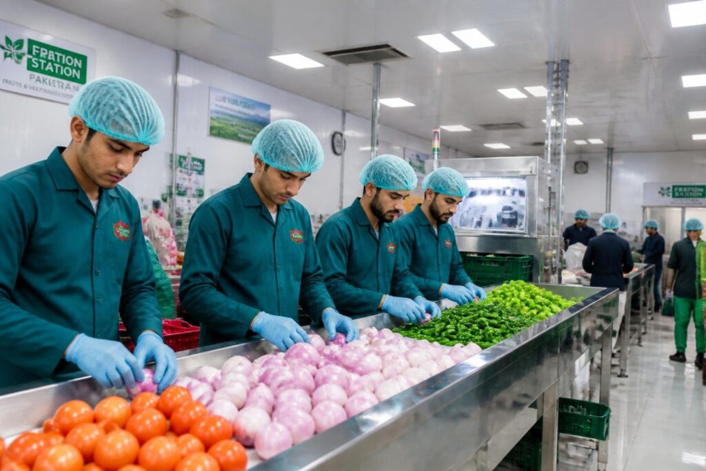 workers sorting and packaging fresh vegetables in Pakistan export facility