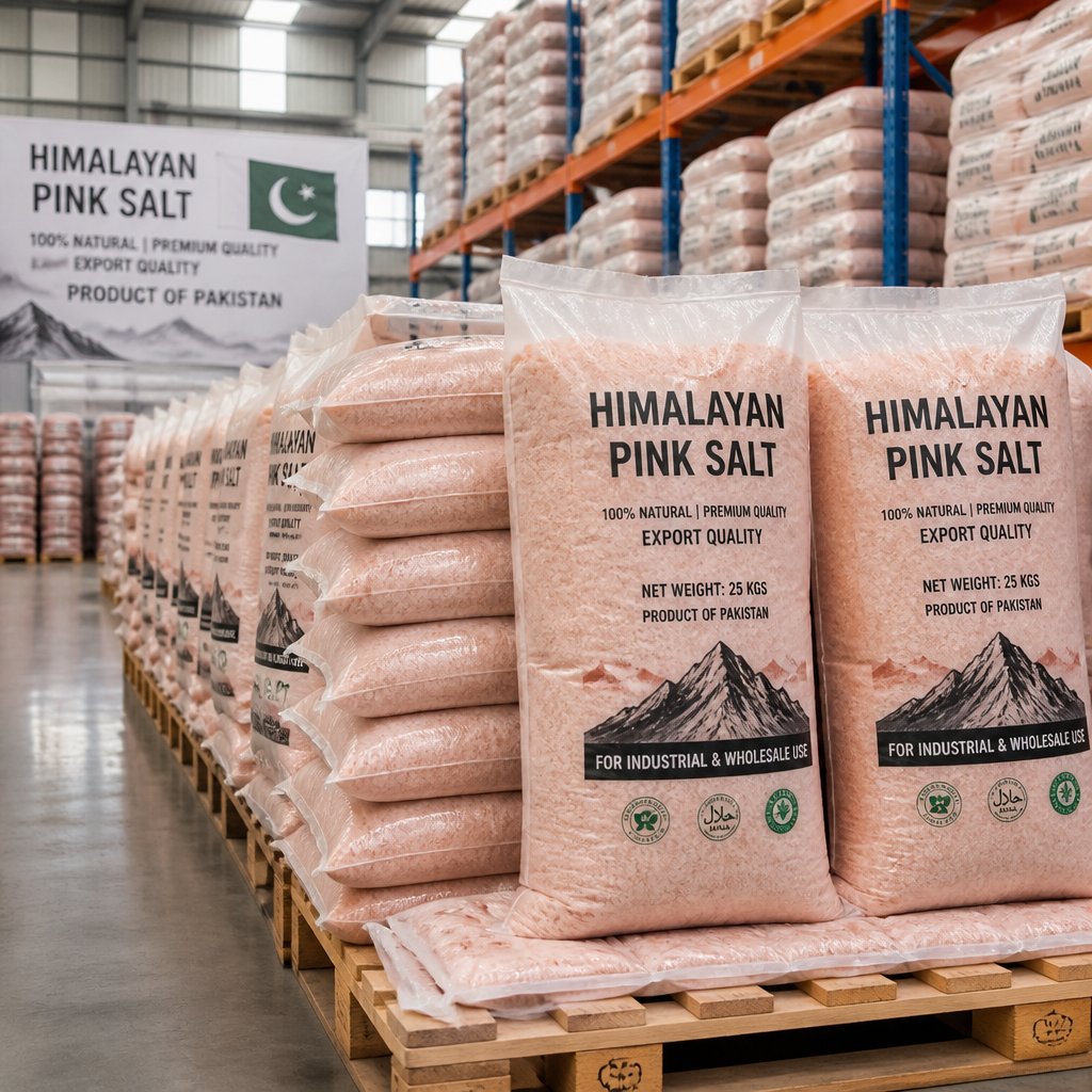 Bulk Himalayan pink salt bags prepared for wholesale and export from Pakistan