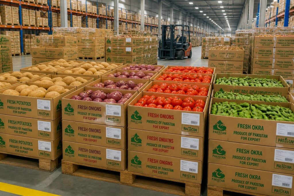 boxes of fresh vegetables ready for export from Pakistan warehouse