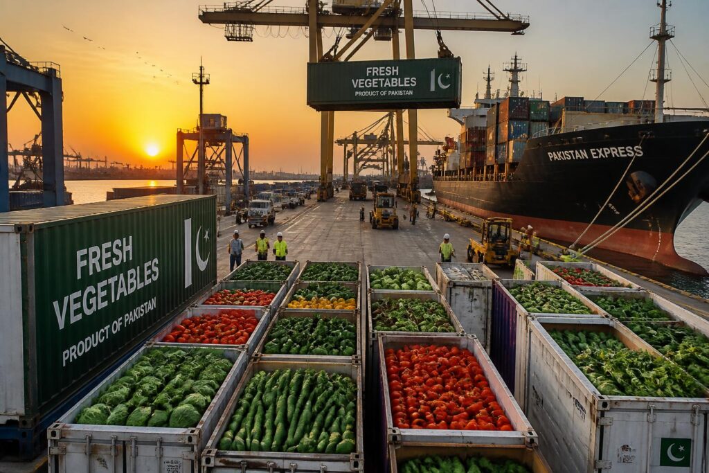 cargo containers of fresh vegetables export Pakistan at seaport