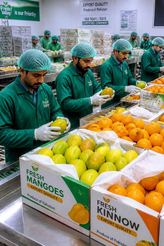 Fruit export packaging facility in Pakistan packing fresh mangoes and kinnow with quality control for international shipping