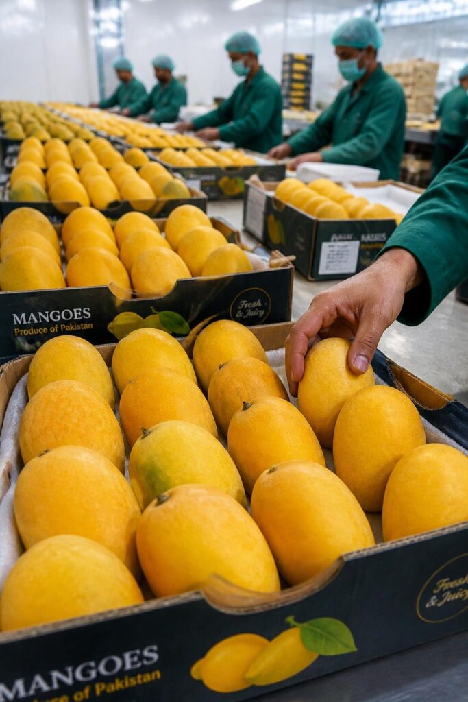 Workers sorting fresh Pakistani mangoes inside an export packaging facility