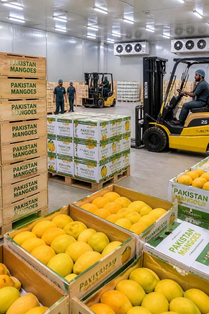 Export cartons of fresh Pakistani mangoes stacked in warehouse ready for international shipping