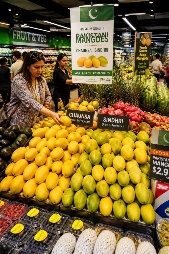 Customers selecting fresh Pakistani mangoes in a supermarket fruit section