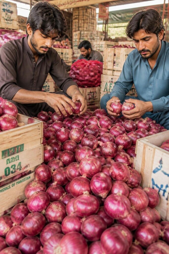 Workers sorting fresh onions for export in Pakistan