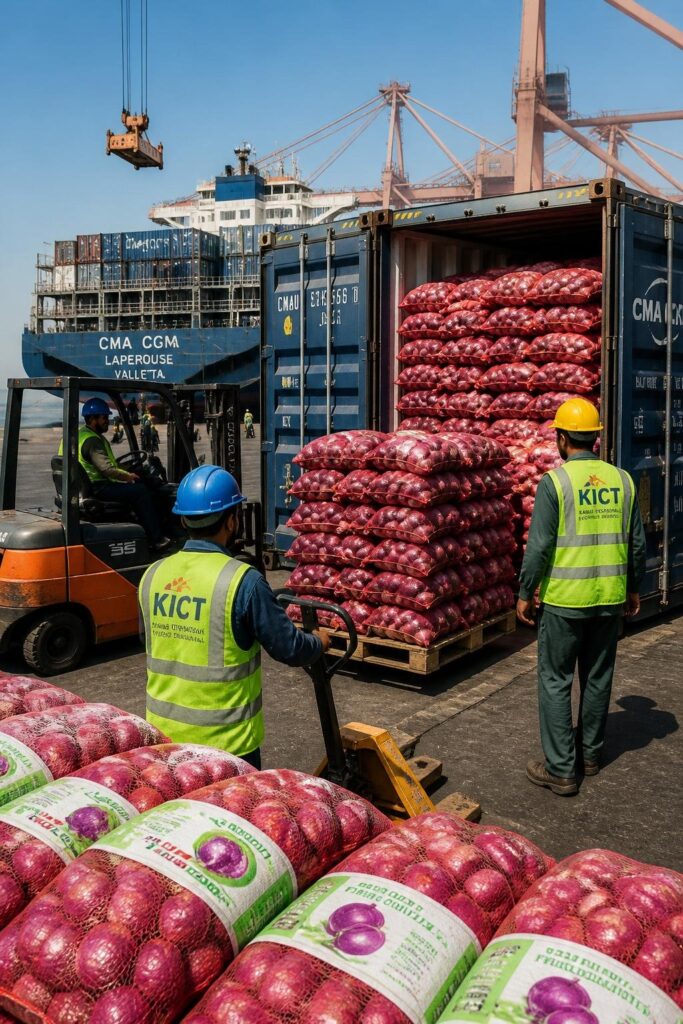 Onion export containers ready for international shipping from Pakistan