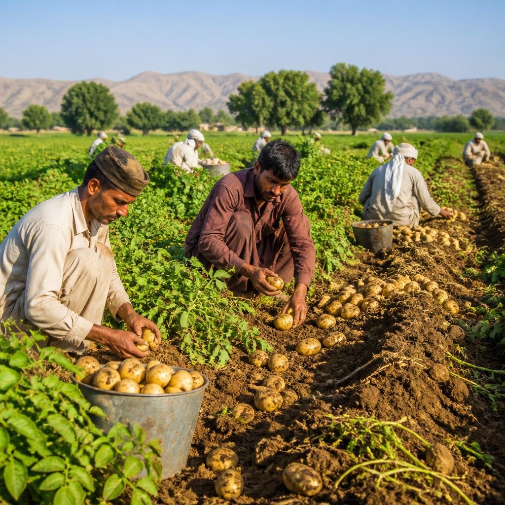 Farmers harvesting potatoes in green fields of Pakistan