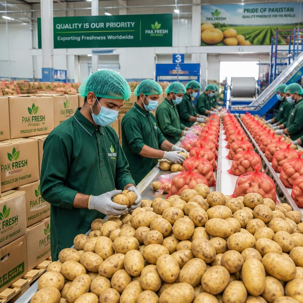 Workers packing potatoes in export warehouse in Pakistan