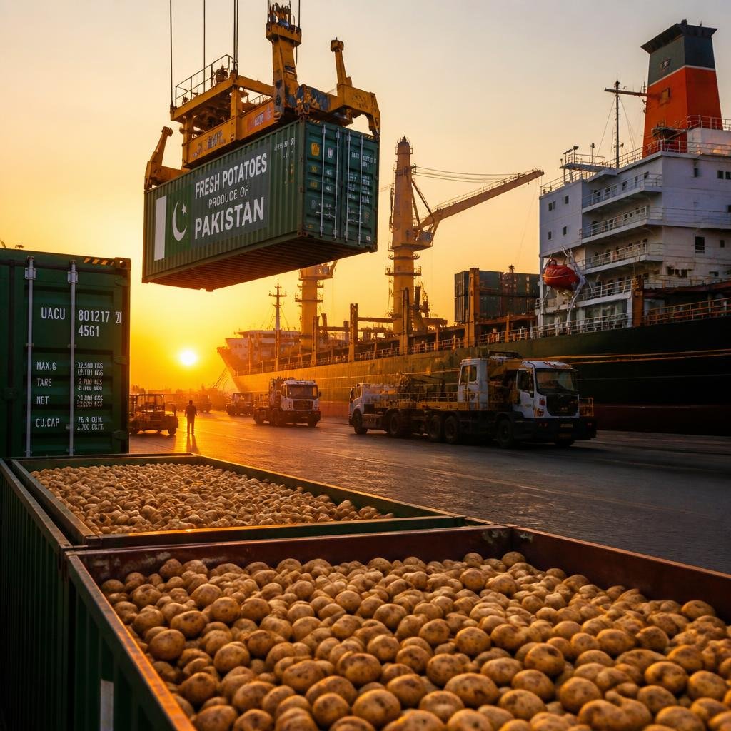 Shipping containers loaded with potatoes at Pakistani port