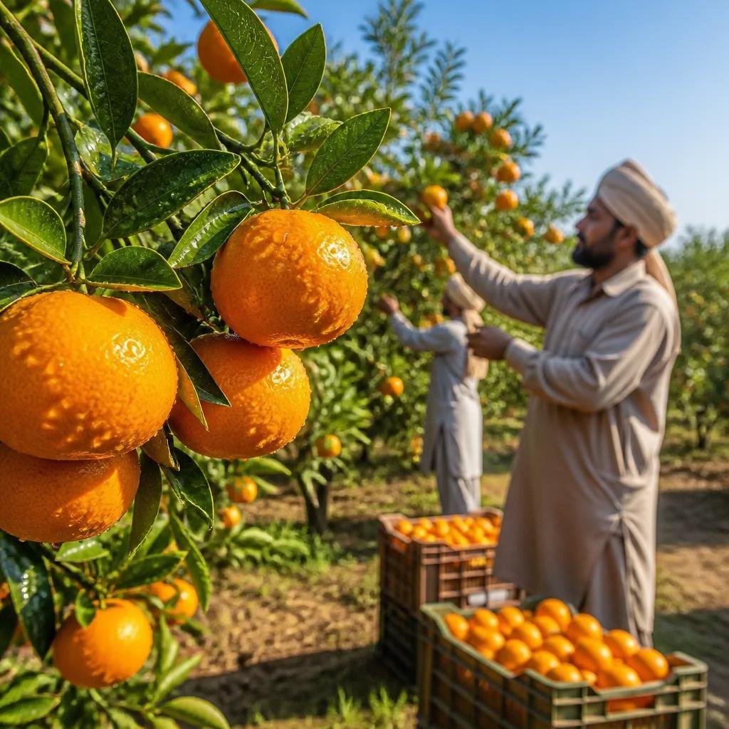 Farmers harvesting fresh mandarin oranges in Pakistan
