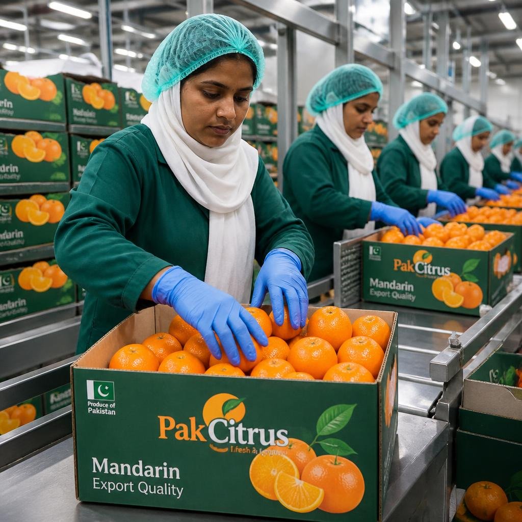 Pakistani mandarin oranges packed in export cartons