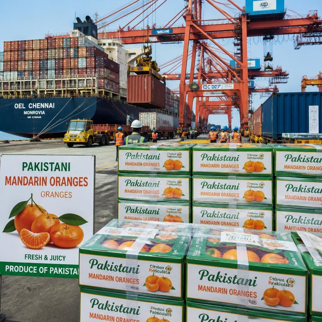 Mandarin orange export containers at shipping port