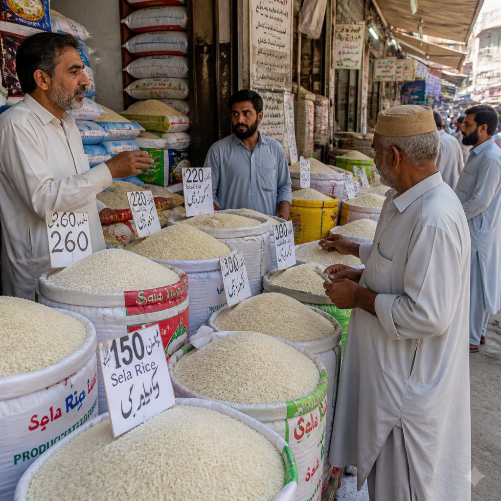 Wholesale rice market in Pakistan with stacked basmati rice sacks