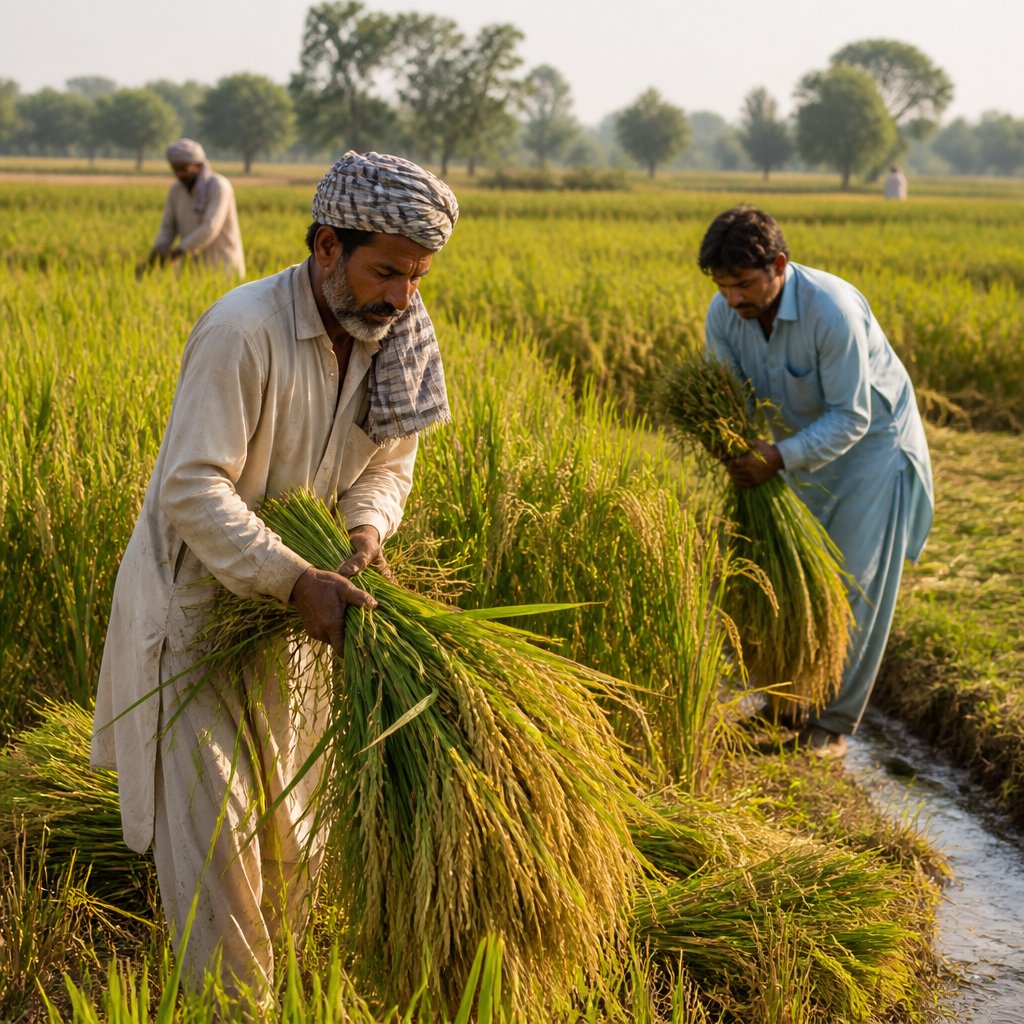 Pakistani farmers harvesting rice crops in green fields