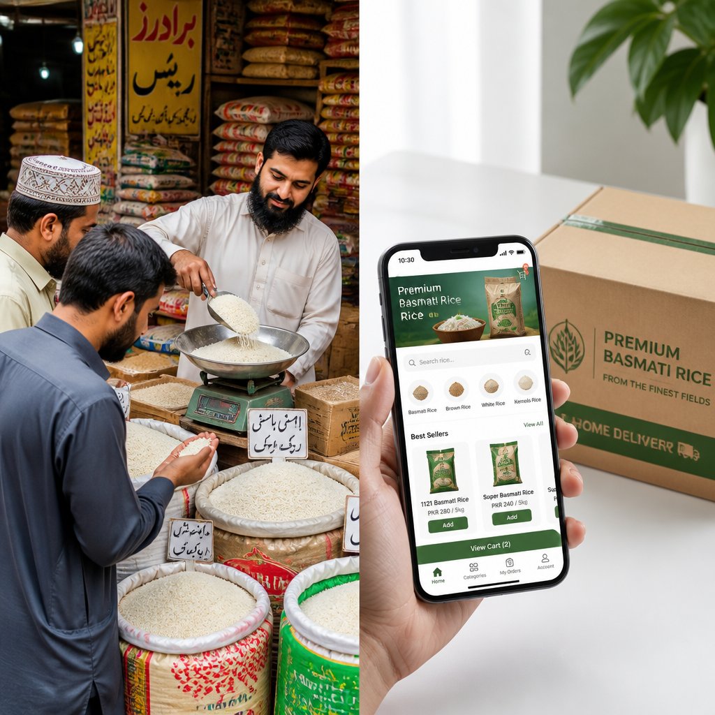 Split view showing local rice market and online rice shopping on mobile app