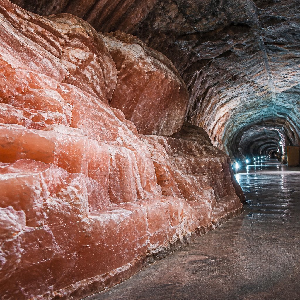 Inside Khewra Salt Mine Pakistan with natural pink rock salt formations