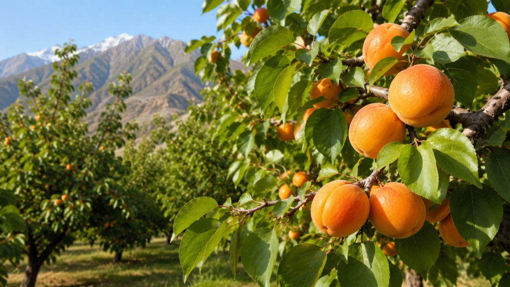 Apricot fruits growing on tree branch in Pakistan orchard