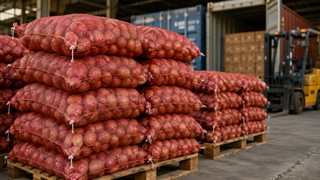 Export-quality Lady Rosetta chips potatoes packed in mesh bags for international shipping