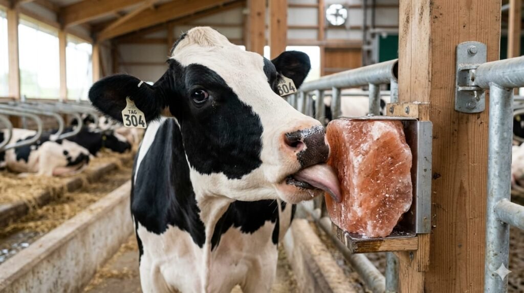 Cow using Himalayan pink salt lick for mineral intake