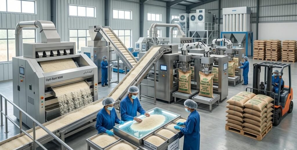 Rice processing mill in Pakistan showing basmati rice cleaning grading and packaging for export
