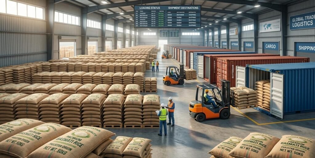 Wholesale rice bags stacked in warehouse with forklift loading export containers for international shipping