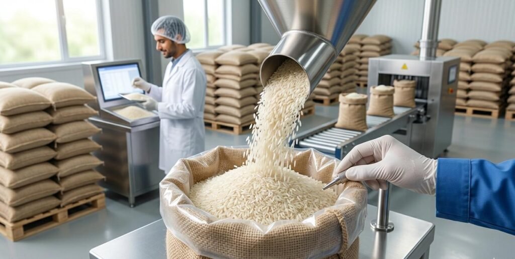 Close-up of premium Pakistani basmati rice packed for export in a modern processing facility