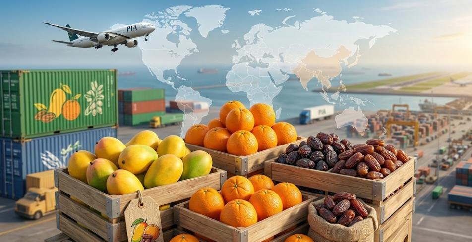 Fresh Pakistani mangoes kinnow oranges and dates packed in export crates ready for international shipment