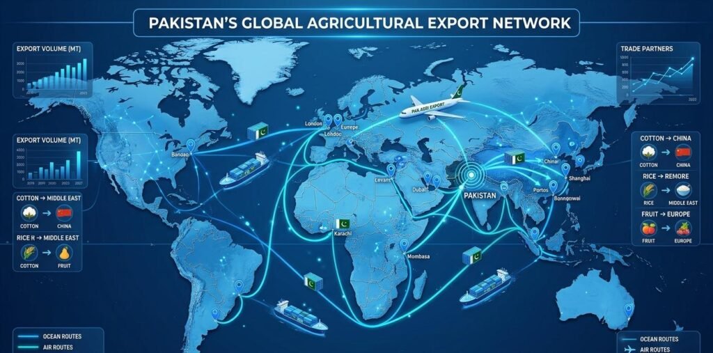Global export routes from Pakistan agricultural market to international countries