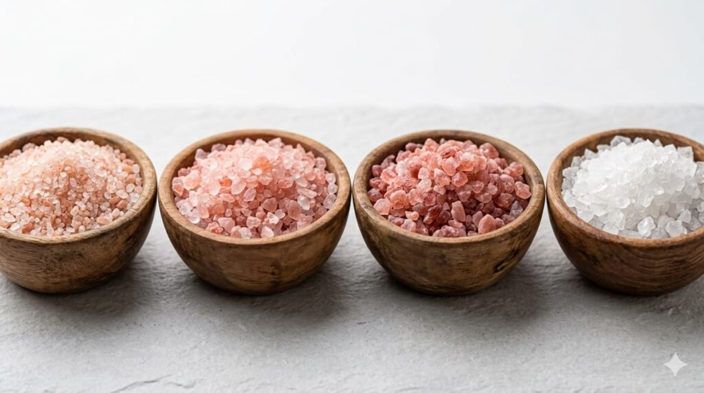 Comparison of light pink, medium pink, dark pink and white crystal Himalayan salt grades