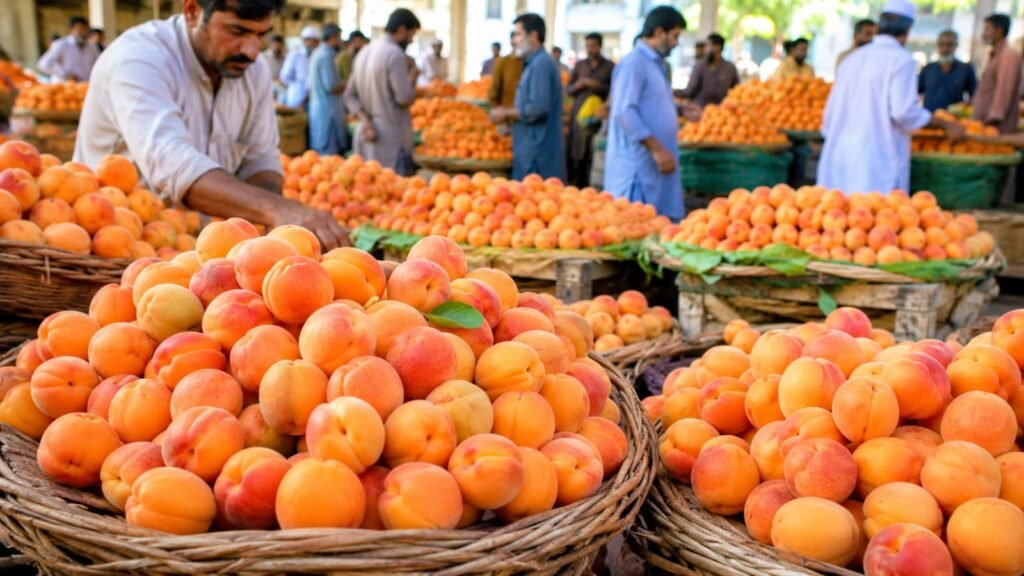 Fresh apricots displayed in Pakistan fruit market