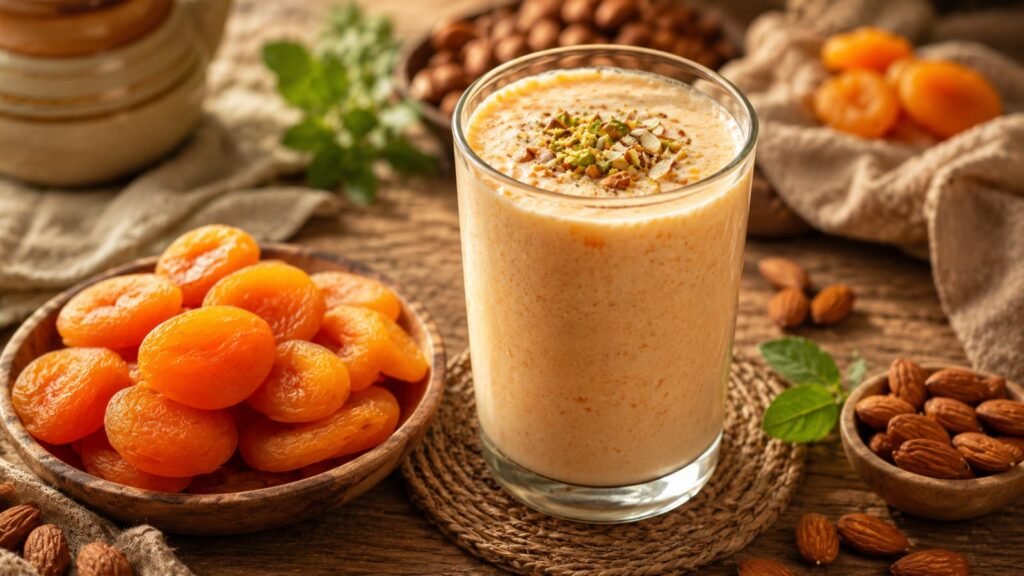 Fresh apricot lassi prepared with dried apricots and yogurt