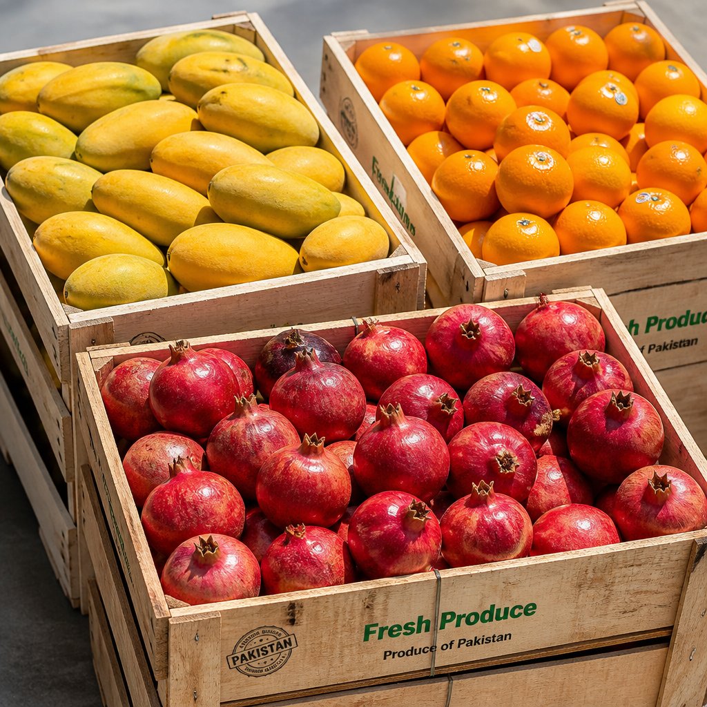 Pakistan fruit export mangoes kinnow oranges export crates