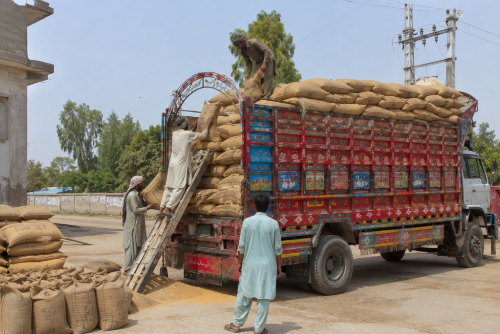Truck being loaded with wheat sacks for delivery
