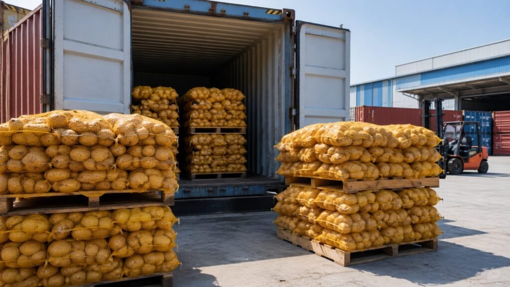 Bulk potato shipment loaded into export container from Pakistan
