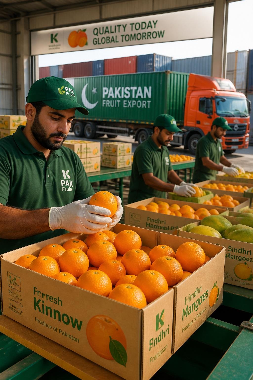 Pakistan fruit export supplier packing fresh mangoes and kinnow in export warehouse for global shipping
