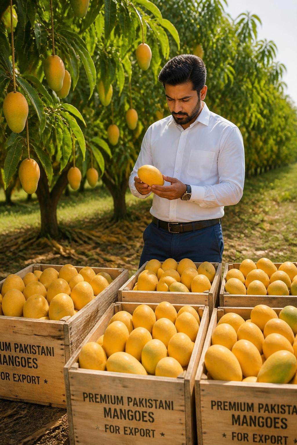 Fresh export-quality Pakistani mangoes in a premium mango orchard ready for international wholesale supply