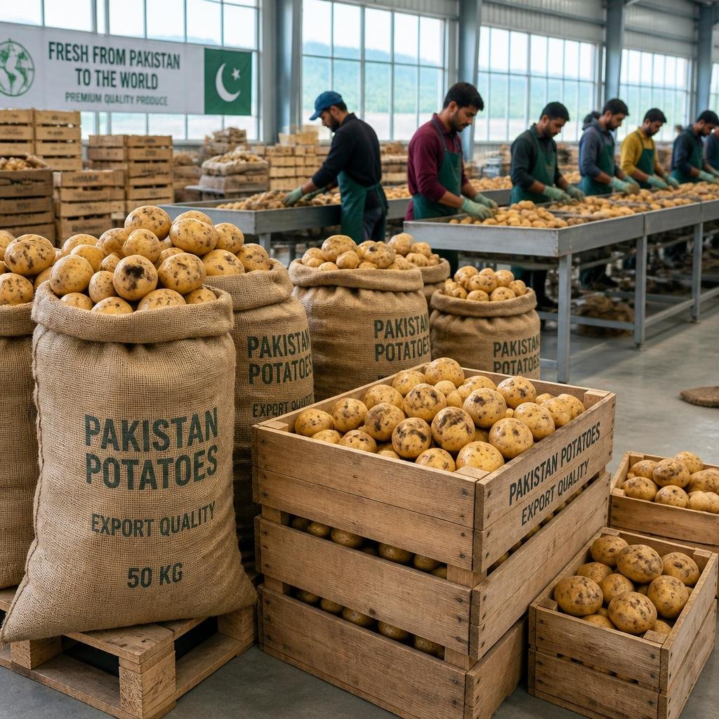 Fresh Pakistani potatoes packed for bulk export in warehouse