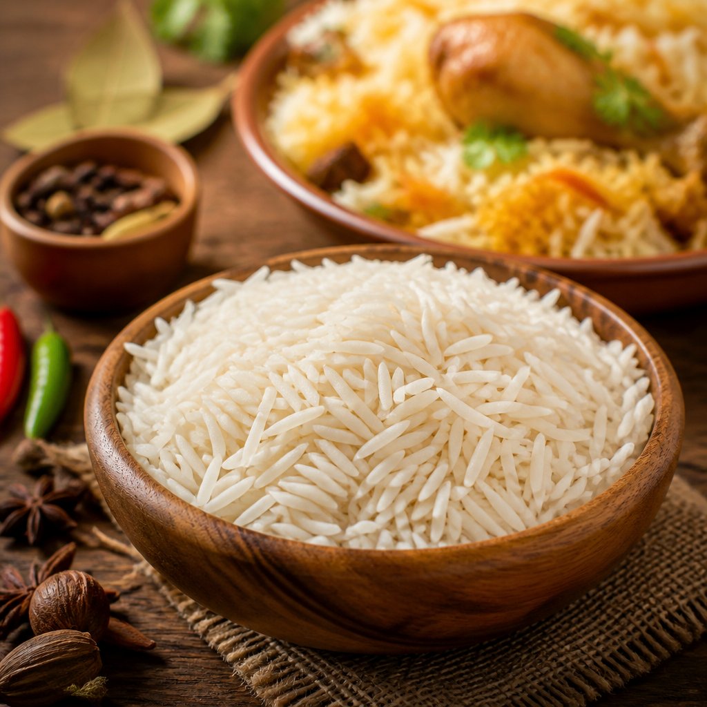 Premium Pakistani basmati rice in a wooden bowl with traditional food background