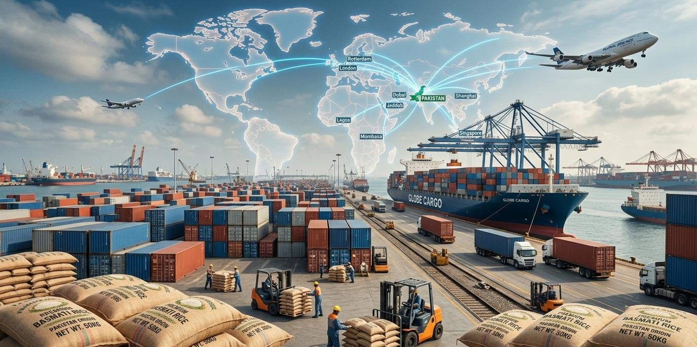 Pakistan rice export wholesale global trade showing shipping containers cargo ships and world map export routes