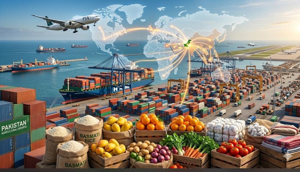 Pakistan agricultural exports being shipped worldwide through global trade network with cargo ships, planes, and world map connections