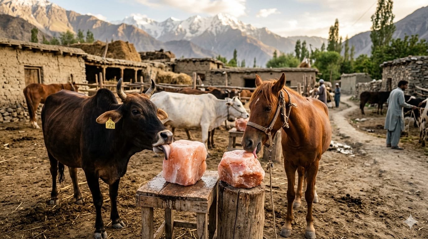 Livestock animals using Himalayan salt licks in Pakistan farm