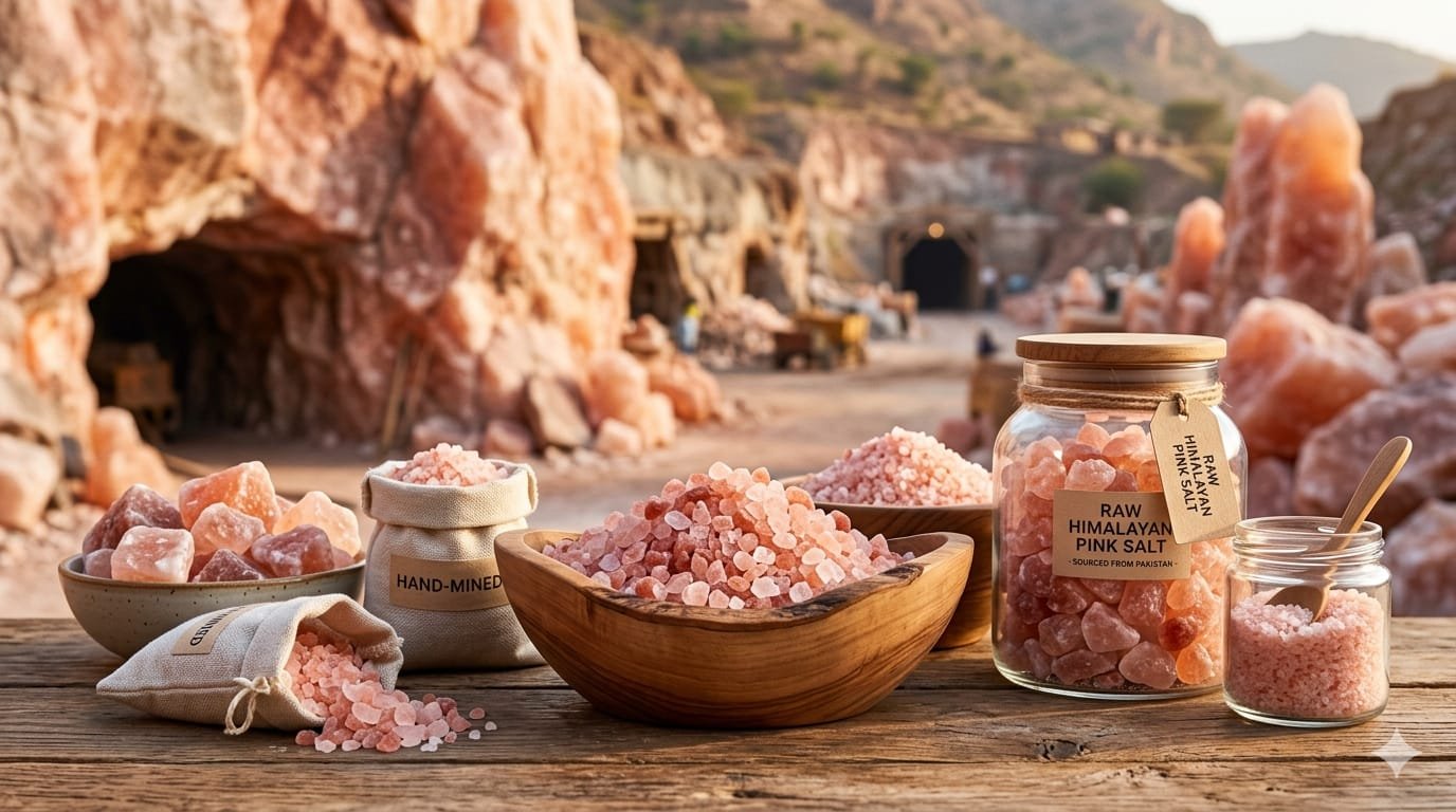 Premium Himalayan pink salt from Pakistan displayed in bowls and jars