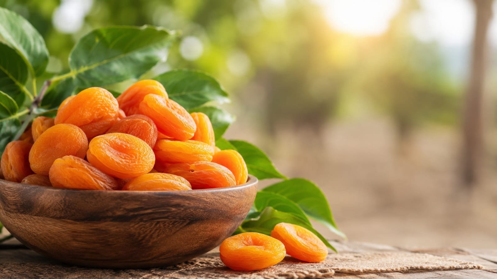 Premium sun-dried apricots from Northern Pakistan in a wooden bowl
