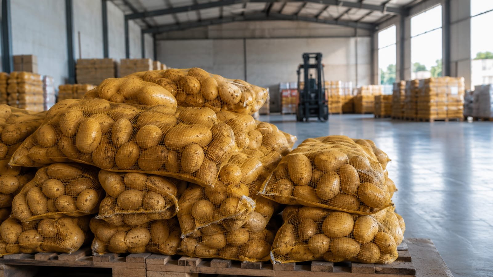 Fresh export-quality potatoes packed in mesh bags inside a warehouse in Pakistan